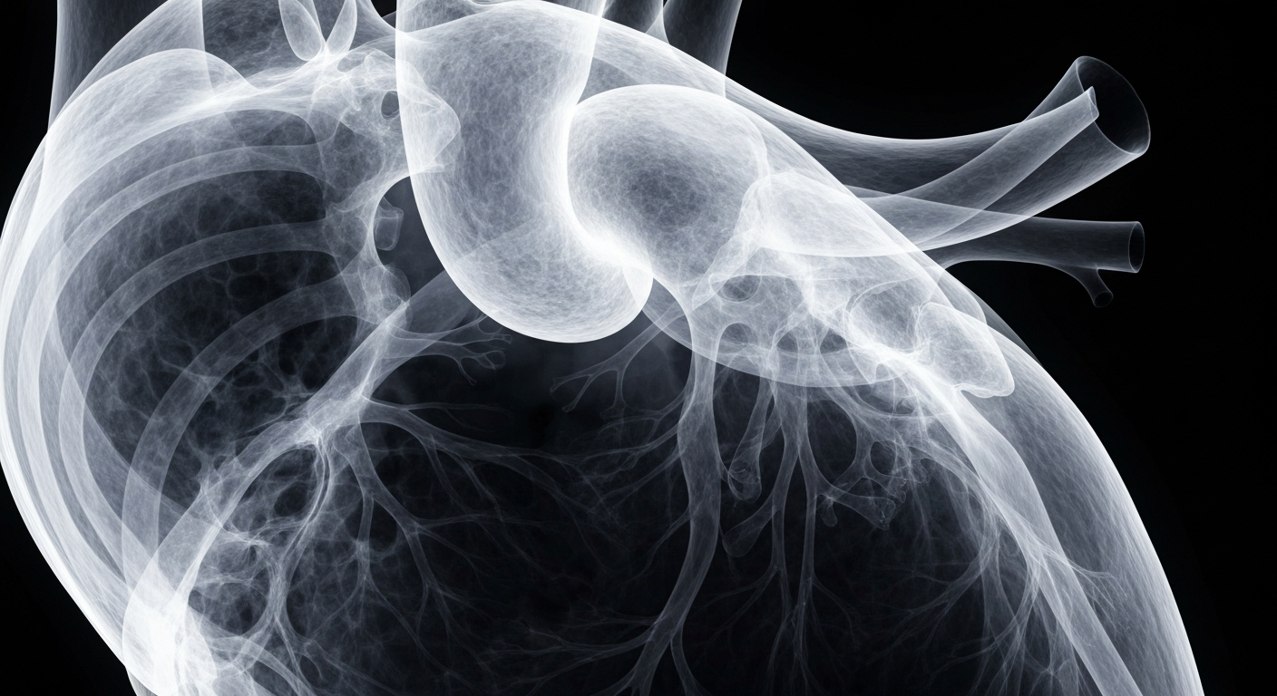 An extreme close-up X-ray photograph revealing the intricate internal structures of a human heart, glowing ghostly against a dark background, conceptually representing the vital healthcare needs of immigrant communities and the vulnerability created by declining Medi-Cal enrollment.