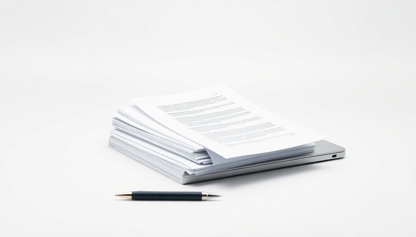 A clean, minimalist studio still life photograph featuring a stack of business documents, a pen, and a laptop computer on a plain white background, representing the abstract concepts of corporate strategy, risk management, and regulatory compliance.