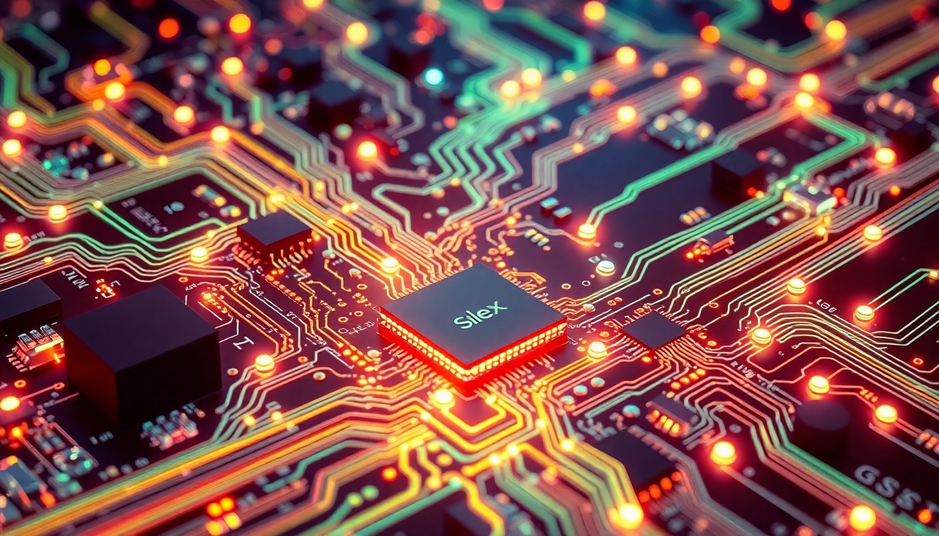 A highly detailed, glowing 3D illustration of interconnected circuit boards, microchips, and data cables in shades of blue, purple, and orange, representing the convergence of connectivity and machine learning technologies.