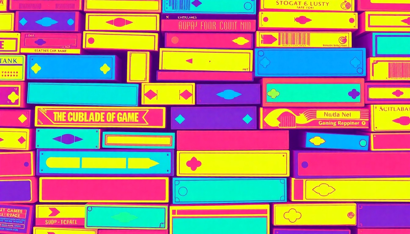 A bold, colorful silkscreen-style illustration featuring a repeating grid pattern of various board games and card decks, conceptually representing the new gaming-focused community space in Horn Lake.
