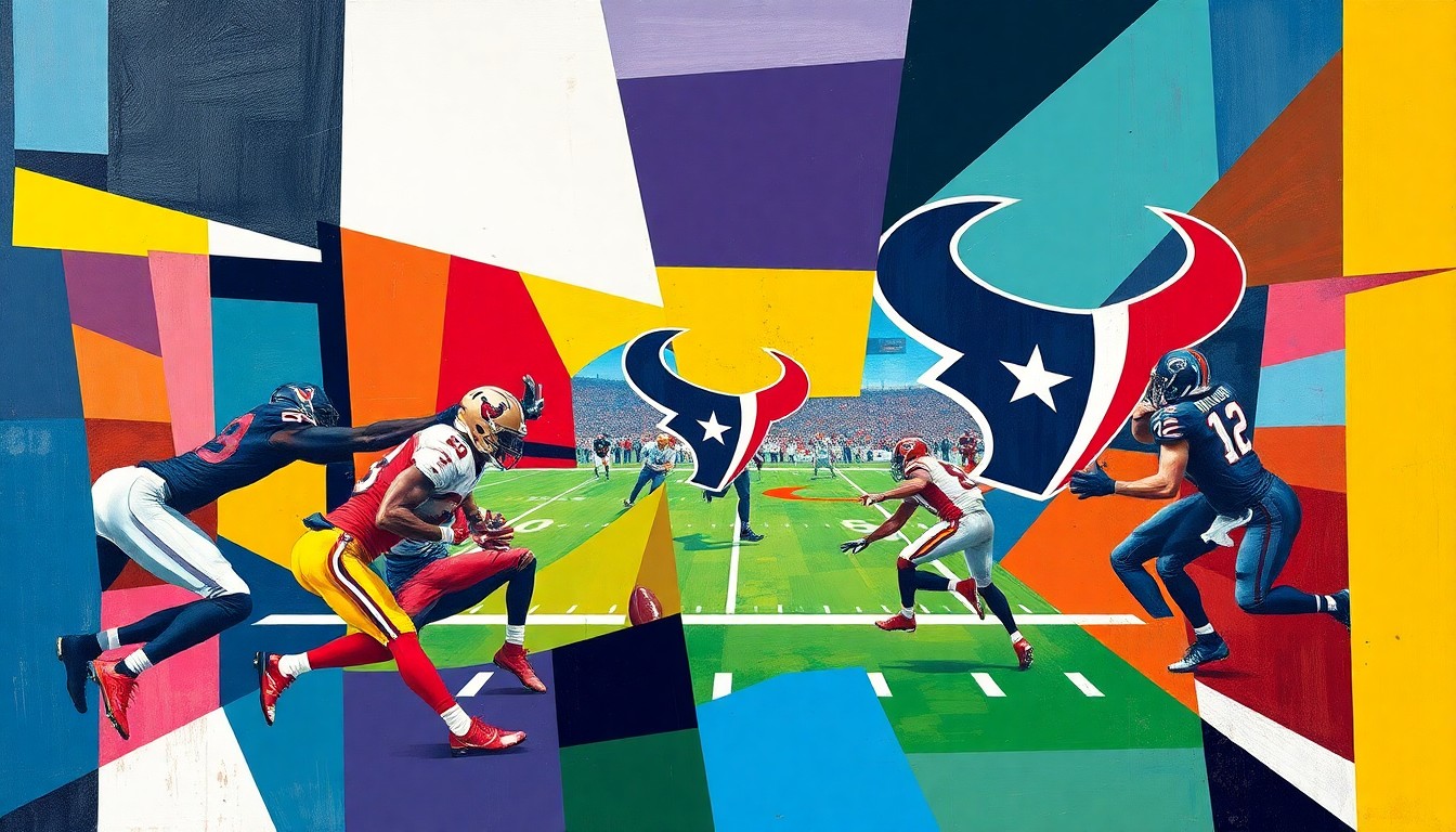 A fragmented, cubist-style painting depicting a football game or match, with the players and field broken down into sharp, overlapping geometric shapes in the team colors of the Houston Texans and their opponents.