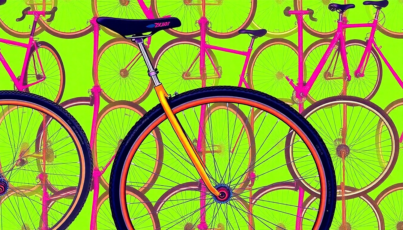 A bold, abstract silkscreen illustration featuring a repeating pattern of a bicycle tire and frame in bright neon colors, conceptually representing the debate over cycling infrastructure and safety on urban streets.
