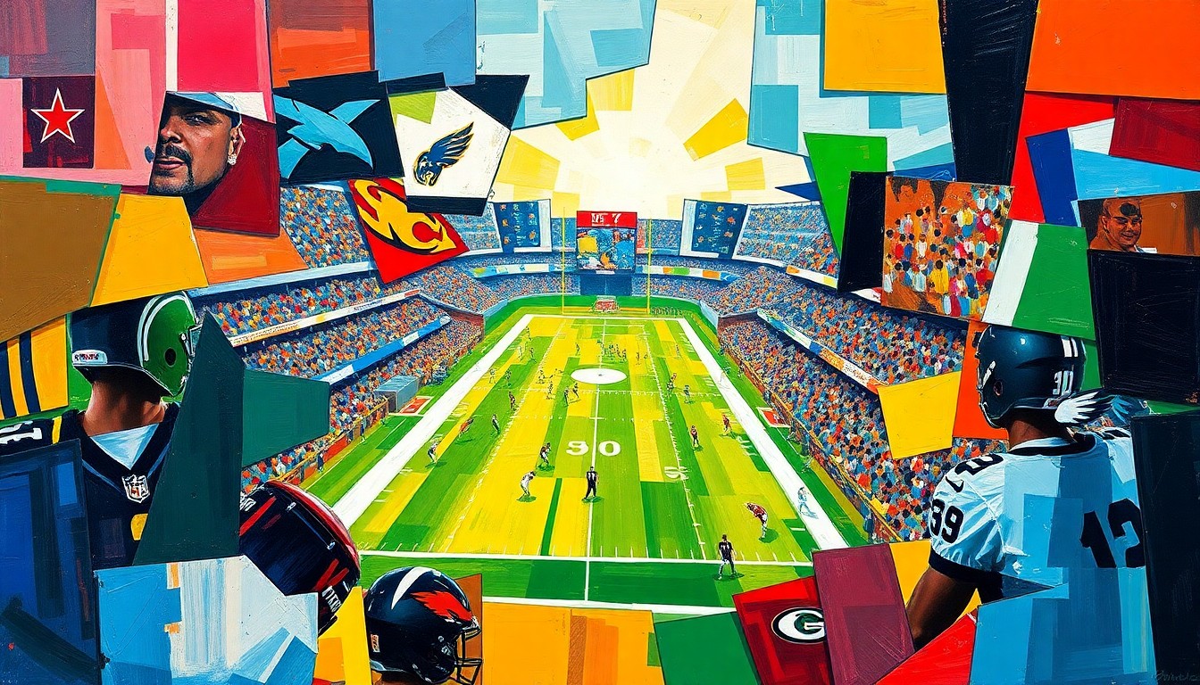 A cubist, geometric painting depicting a fragmented, multi-perspective scene of a football game or NFL Draft, with sharp, overlapping planes of color representing the teams and players mentioned in the story.