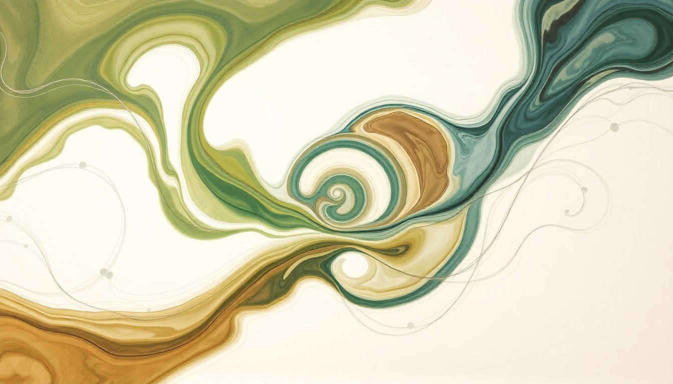 A highly structured abstract painting featuring sweeping geometric arcs, concentric circles, and precise botanical spirals in earthy tones of green, brown, and blue, conceptually representing the rapid self-assembly of molecular forces in liquid-liquid phase separation.