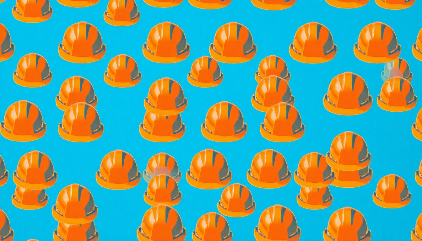 A grid of stylized, high-contrast silkscreen images of a construction hard hat in bright, neon colors, conceptually representing the tensions between contractors and developers in the local construction industry.