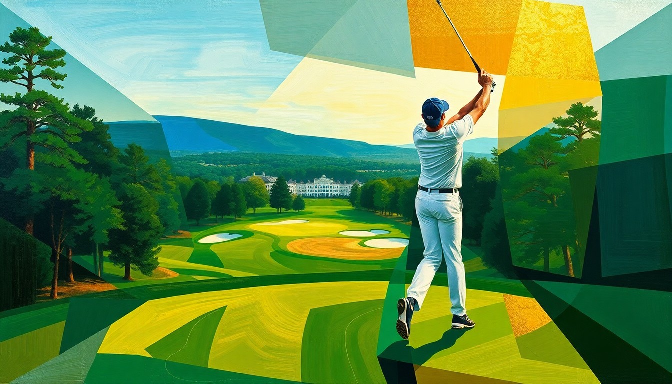A cubist, geometric painting depicting a golfer's swing and the Augusta National golf course, with sharp, overlapping planes of green, blue, and gold.