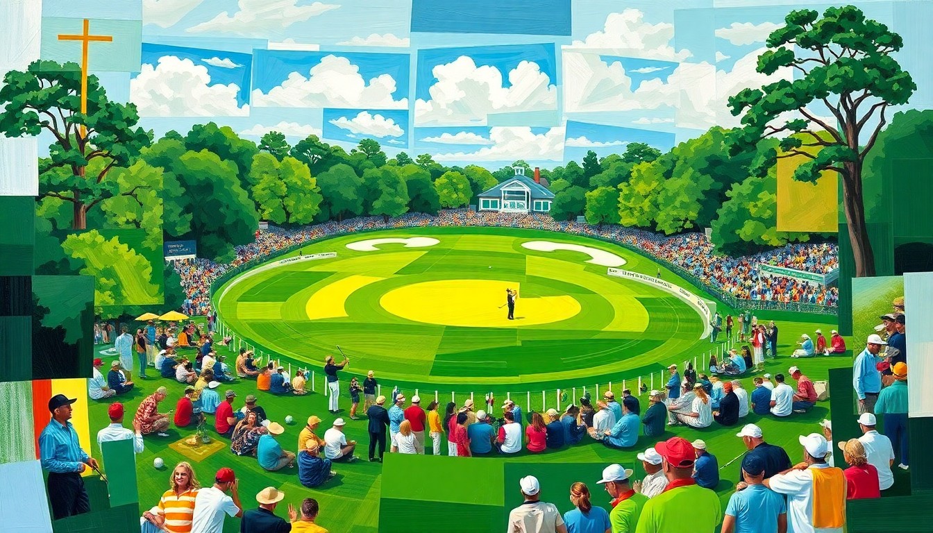 A cubist, geometric painting depicting a fragmented, multi-angled view of a golf tournament scene, with sharp planes of green fairways, white bunkers, and blue skies, conceptually representing the competitive energy and drama of the Masters.