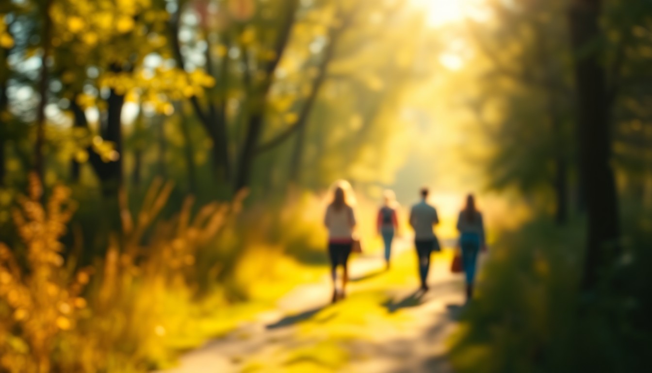 An abstract, impressionistic photograph of people walking along a sun-dappled nature trail, with soft, warm pools of light and color creating a dreamlike, atmospheric scene.