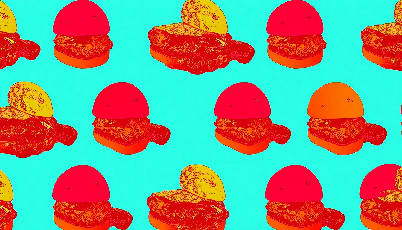 A vibrant, high-contrast silkscreen print featuring a repeated image of a barbecue sandwich, conceptually representing the loss of a popular local restaurant.