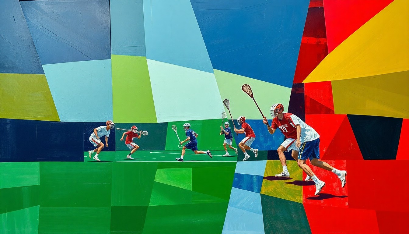 A cubist, geometric painting depicting a boys lacrosse game broken down into overlapping planes of navy, green, and red, conveying the dynamic energy of the sport.
