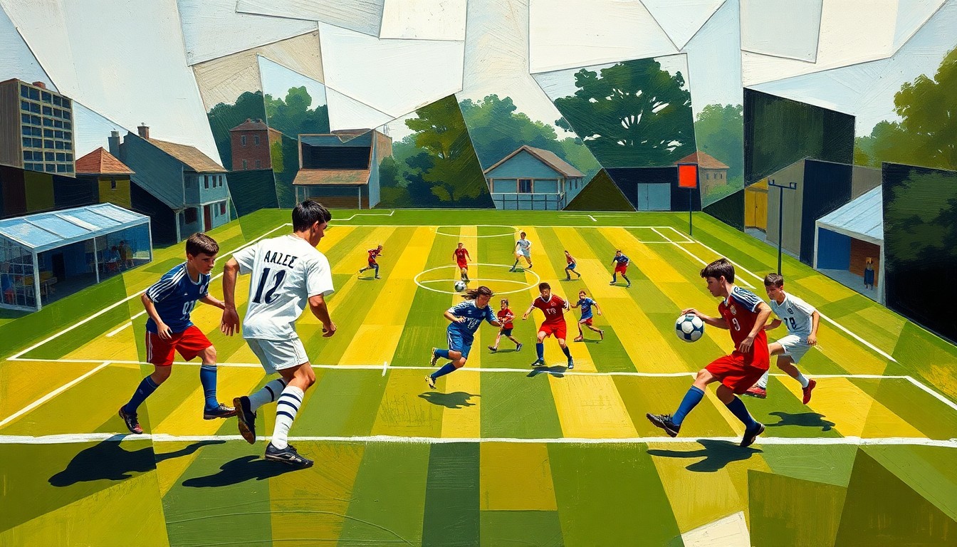 A cubist, geometric painting depicting the dynamic movements and energy of a high school soccer match, with players and the field abstracted into overlapping planes of color and shape.
