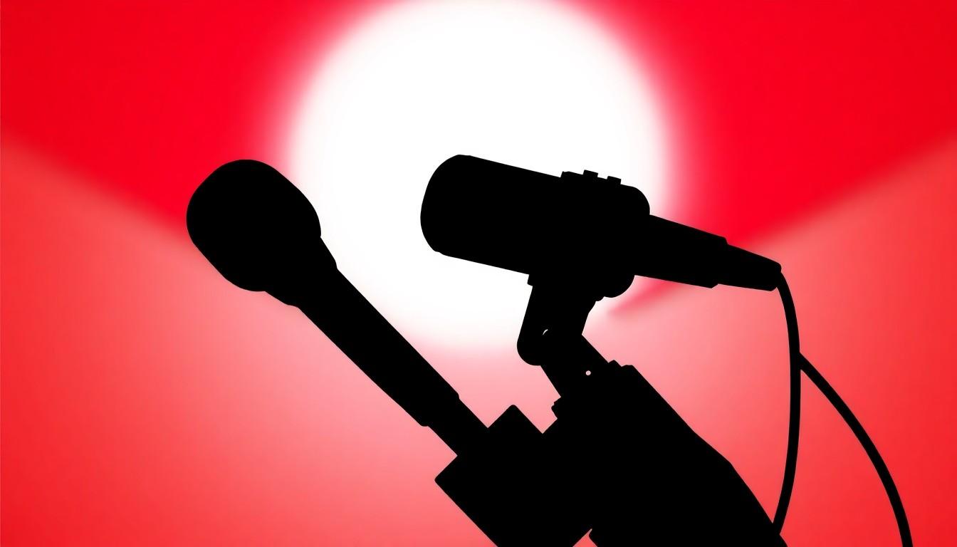 An abstract, minimalist illustration depicting a stark black silhouette of a TV news microphone against a high-contrast red and white background, symbolizing the dramatic power dynamics and tensions within the media industry.
