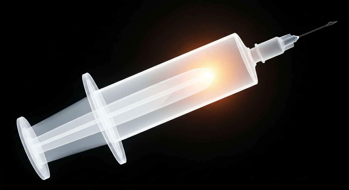 A translucent, ghostly X-ray photograph showing the internal structure of a syringe filled with a glowing liquid, conceptually representing the essential public health services that protect communities.