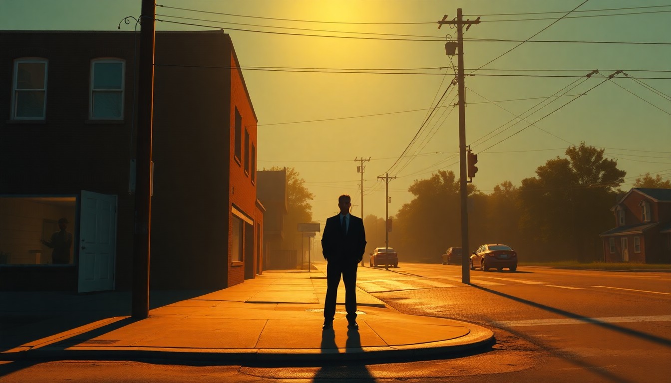 A detailed oil painting depicting a lone figure standing on a street corner in a small Southern town, with the figure partially obscured by deep shadows and warm sunlight filtering through the scene.