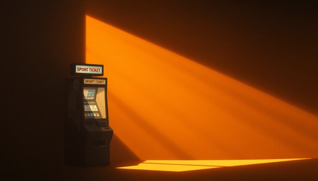 A serene, photorealistic painting of a lone sports betting ticket machine sitting in a dimly lit room, with warm sunlight streaming in through a window and casting deep shadows across the scene, conveying a sense of quiet contemplation about the broader implications of legalized gambling.