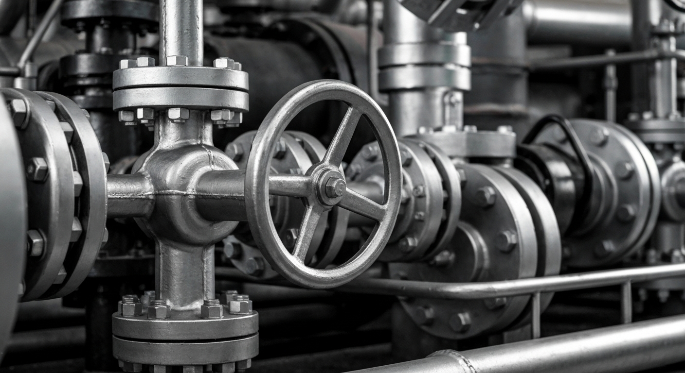 An extreme close-up of shiny, heavy-duty industrial valves, pipes, and machinery in muted metallic tones, conveying the scale and industrial might of Enterprise's midstream energy operations.