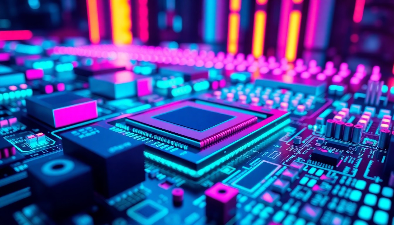 A highly detailed, glowing 3D macro illustration of advanced semiconductor packaging components and infrastructure, including interconnects, substrates, and heat sinks, bathed in neon cyan and magenta lights to conceptually represent the vulnerabilities in the AI chip supply chain.