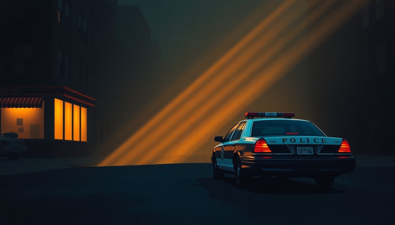 An extreme close-up of a solitary police car parked on a dimly lit city street, with warm, diagonal sunlight and deep shadows creating a cinematic, nostalgic mood that conceptually illustrates the political tension over state control of local law enforcement.