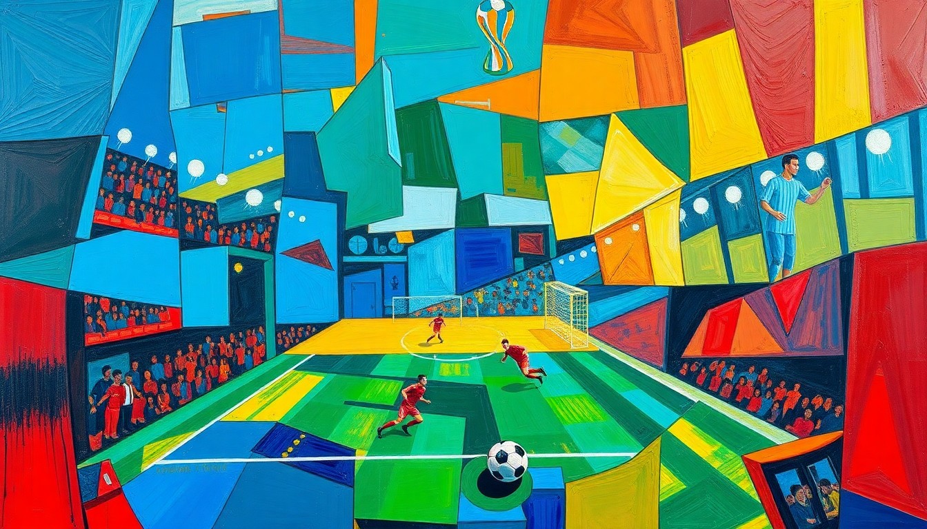 A fragmented, geometric painting in bold colors depicting the dynamic movements and shifting perspectives of a soccer match, representing the free agent market and the diverse array of talent available.