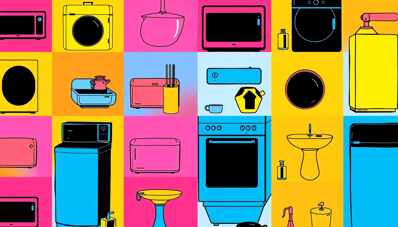 A high-contrast, neon-colored silkscreen print of a kitchen appliance or fixture repeated in a grid, conceptually representing the modern, upscale features of the Conroe duplex villa.