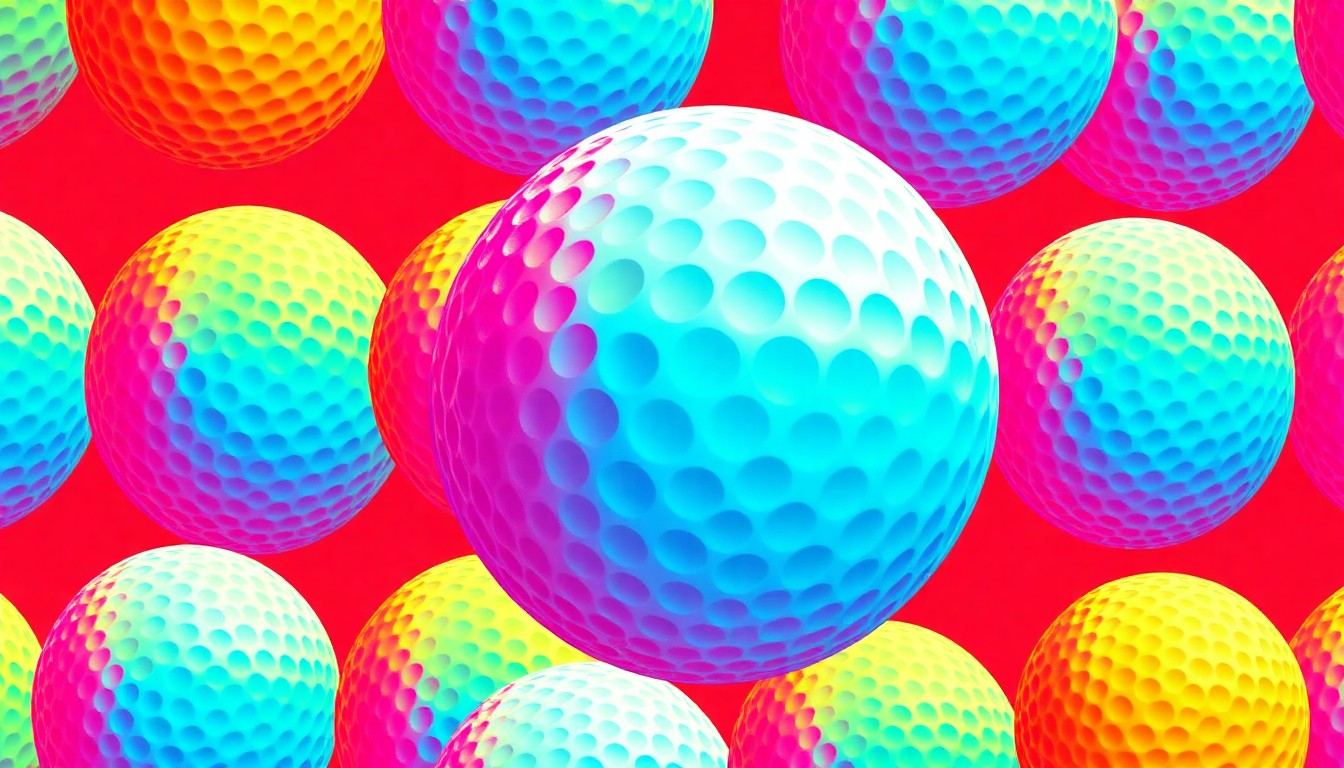 A brightly colored, high-contrast silkscreen print of a single, iconic golf ball repeated in a tight grid pattern, conceptually representing the vibrant, active lifestyle at the Verandas of Olde Hickory community.