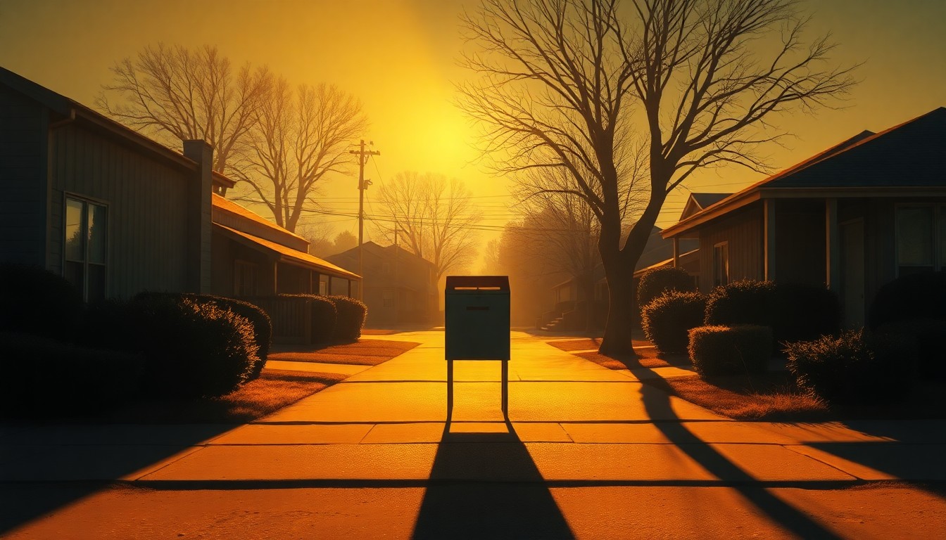A serene, cinematic painting depicting a lone ballot box or voting booth in an Oak Creek neighborhood, with warm sunlight casting deep shadows across the scene, conveying a sense of quiet contemplation and the evolving political dynamics in the area.