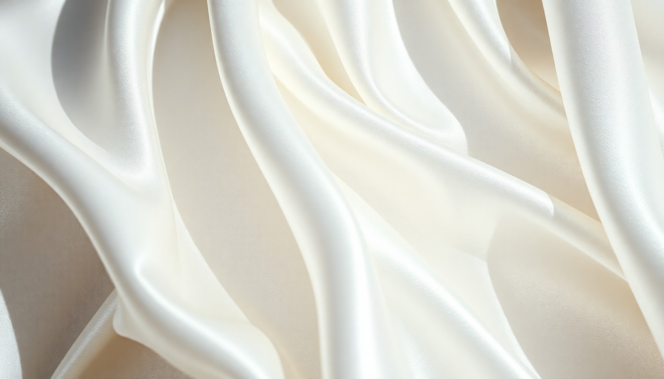An extreme close-up photograph of luxurious white satin fabric, sparkling with highlights and shadows, conceptually representing the high-fashion glamour of a celebrity hair event.