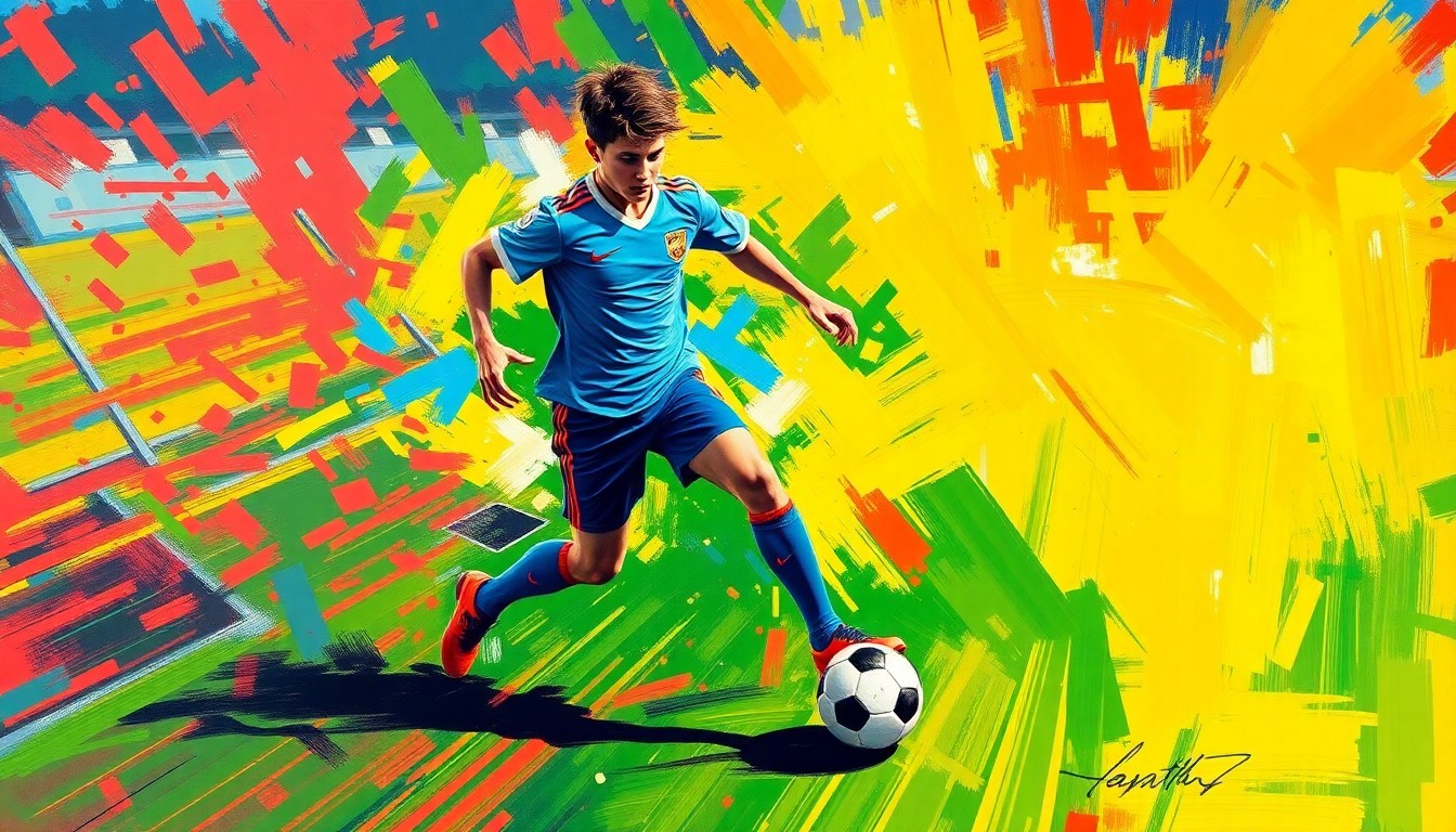 An abstract, expressionistic painting featuring bold, neon-colored brushstrokes that capture the dynamic movement and energy of a soccer player in action.