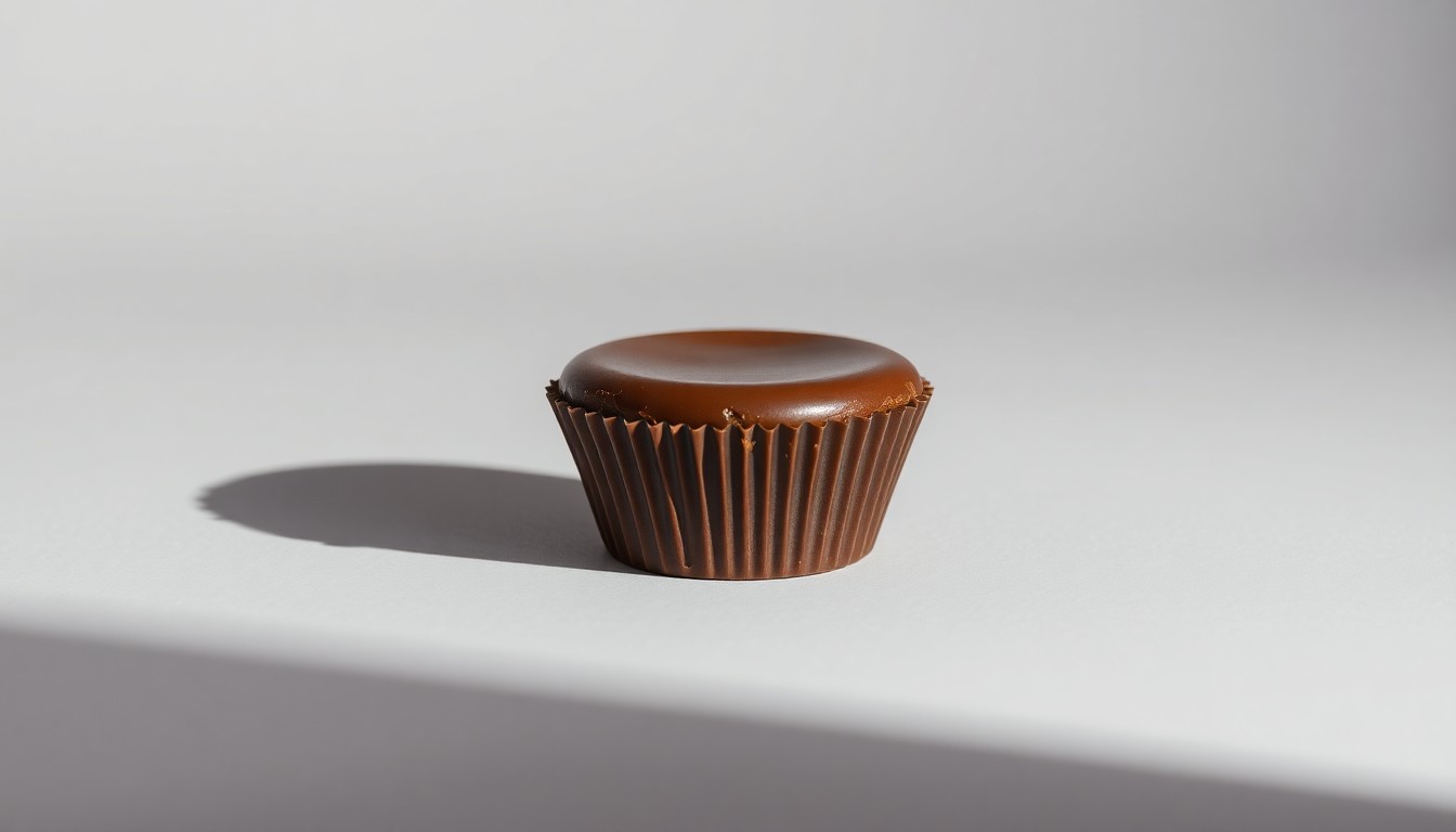A photorealistic studio still-life photograph of a single Peanut Buddah Cup, a premium chocolate and peanut butter confection infused with THC and CBG, elegantly arranged on a clean, monochromatic background using dramatic lighting and shadows to represent the abstract concept of an innovative edible product.