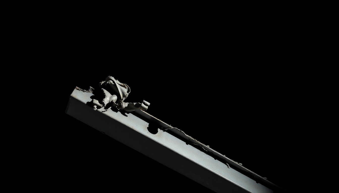 An extreme close-up of a twisted, damaged metal beam from a collapsed parking garage, captured in stark, dramatic lighting to convey the serious, investigative nature of the incident.