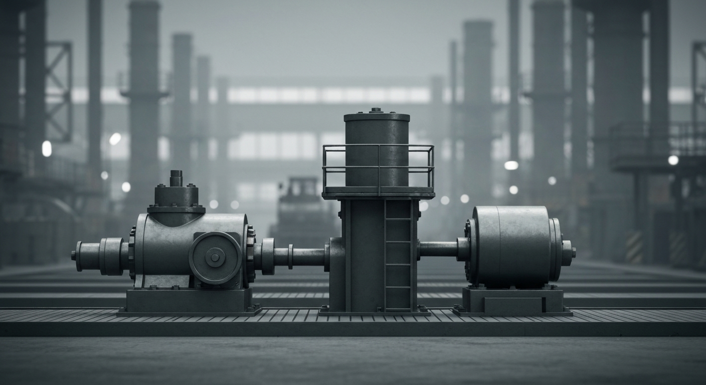 An extreme close-up of intricate, heavy machinery and equipment used in the banking and finance industry, conveying a sense of industrial power and security without using literal financial symbols.