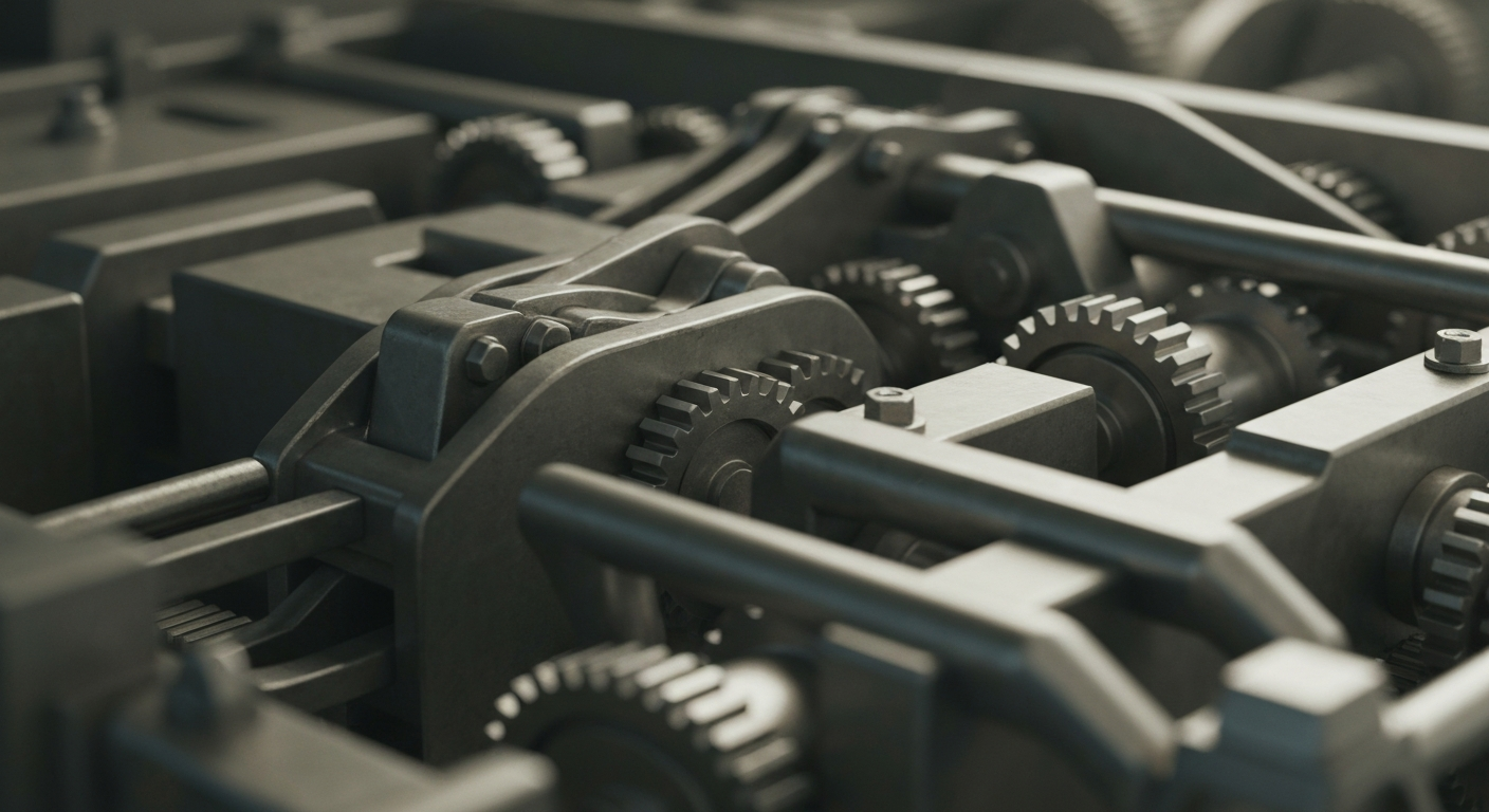 A highly detailed, black-and-white close-up image of the intricate gears, levers, and other heavy industrial components that make up the financial and operational infrastructure of a major specialty materials corporation, conveying a sense of the scale, complexity, and importance of these unseen systems.