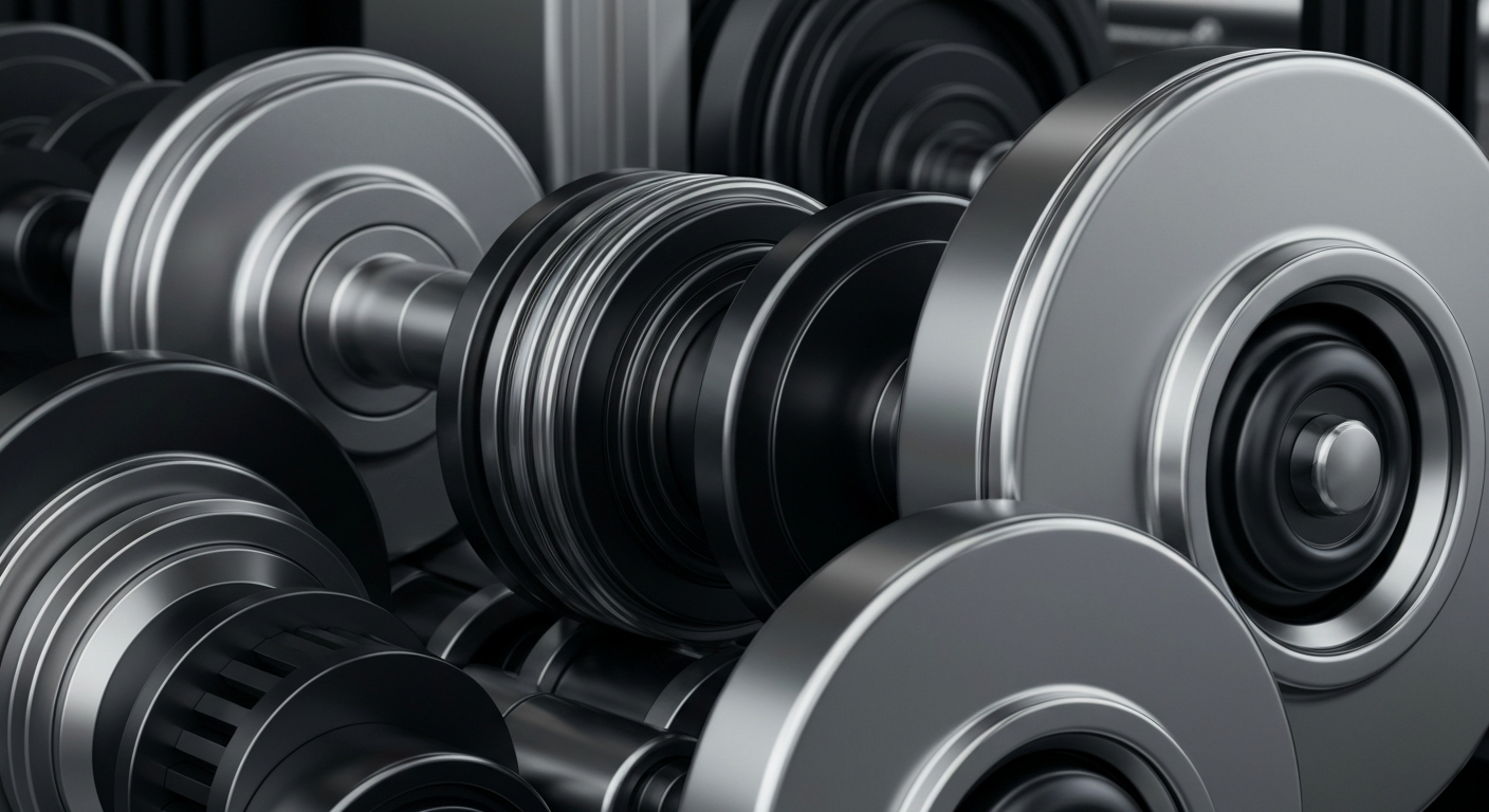 An extreme close-up of various metal gears, levers, and mechanisms, conveying the complex, industrial nature of modern banking infrastructure.