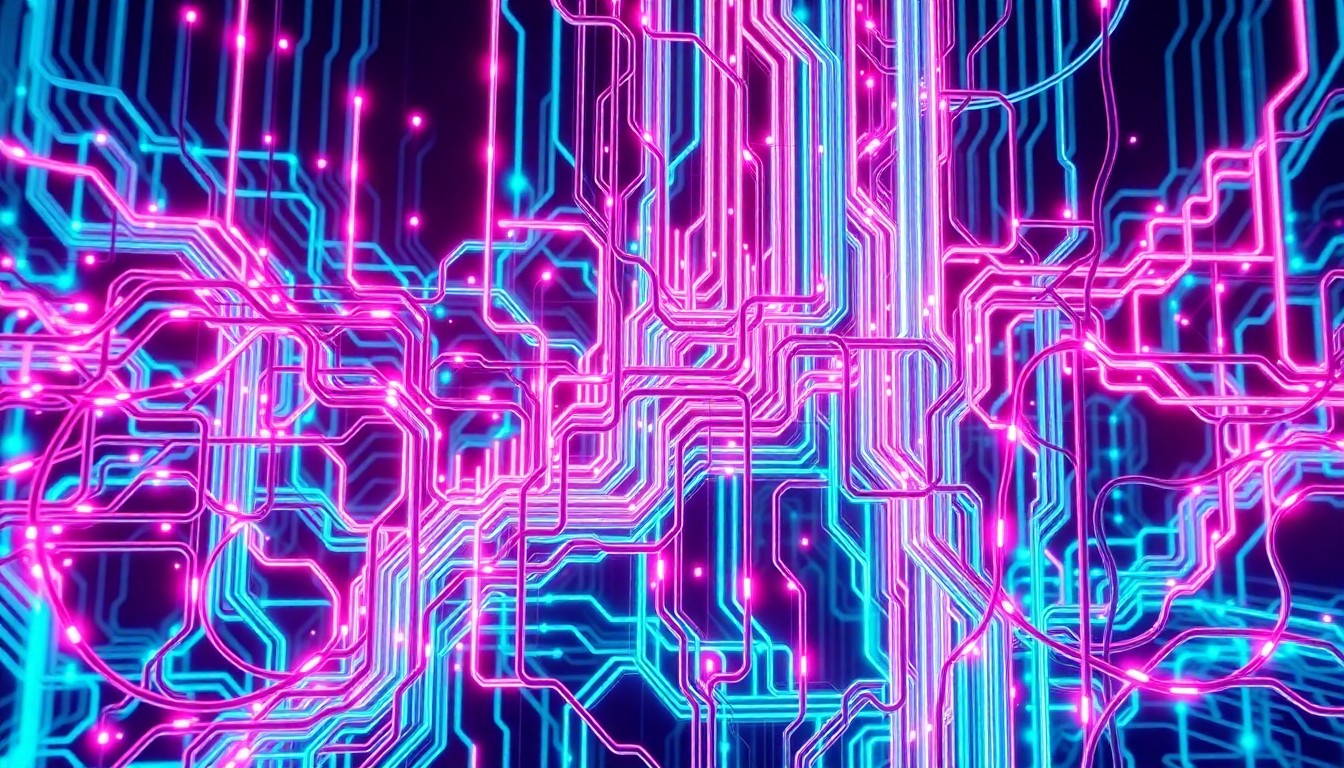 A highly detailed, glowing 3D illustration of a complex network of interconnected circuits and wires, representing the technological infrastructure that underpinned the Theranos fraud. The image features a mix of neon cyan and magenta lights, creating a sense of both innovation and deception.
