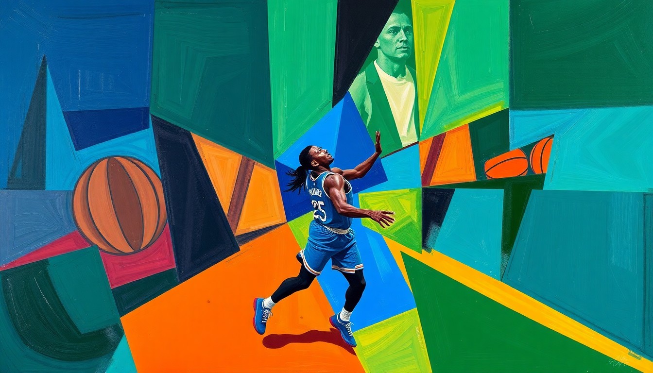 A cubist-style painting depicting a basketball game in motion, with Giannis Antetokounmpo's figure broken down into overlapping geometric shapes and planes of vibrant colors, conveying the uncertainty and fragmentation surrounding the Bucks' star player.