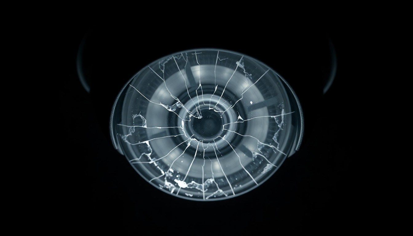 An extreme close-up photograph of a cracked and damaged school security camera lens, lit by a harsh, direct camera flash against a pitch-black background, conceptually illustrating the disruption and security concerns raised by a threat against a local high school.