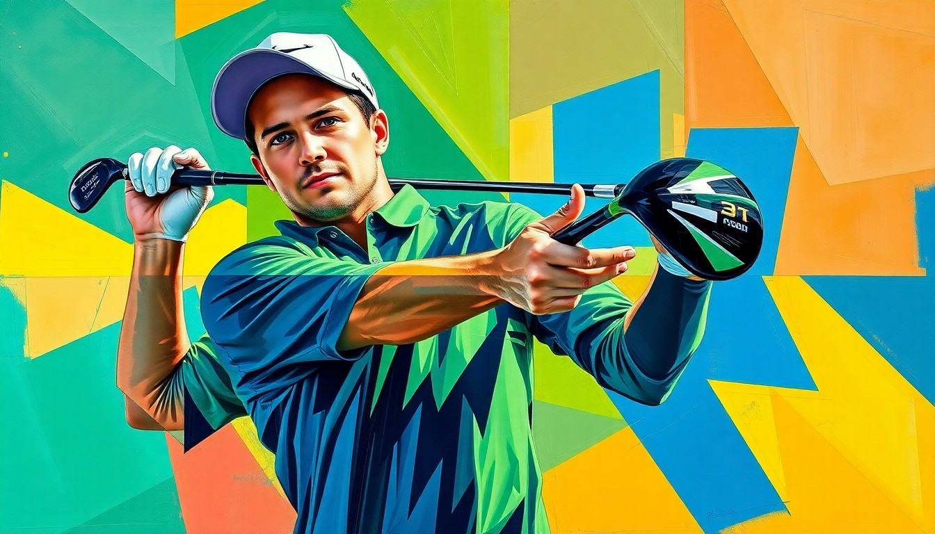 A cubist, geometric painting depicting Bryson DeChambeau's golf swing and a 3D-printed club head in overlapping, fractured planes of emerald green, sapphire blue, and ochre yellow, conceptually representing the innovative nature of his custom equipment.