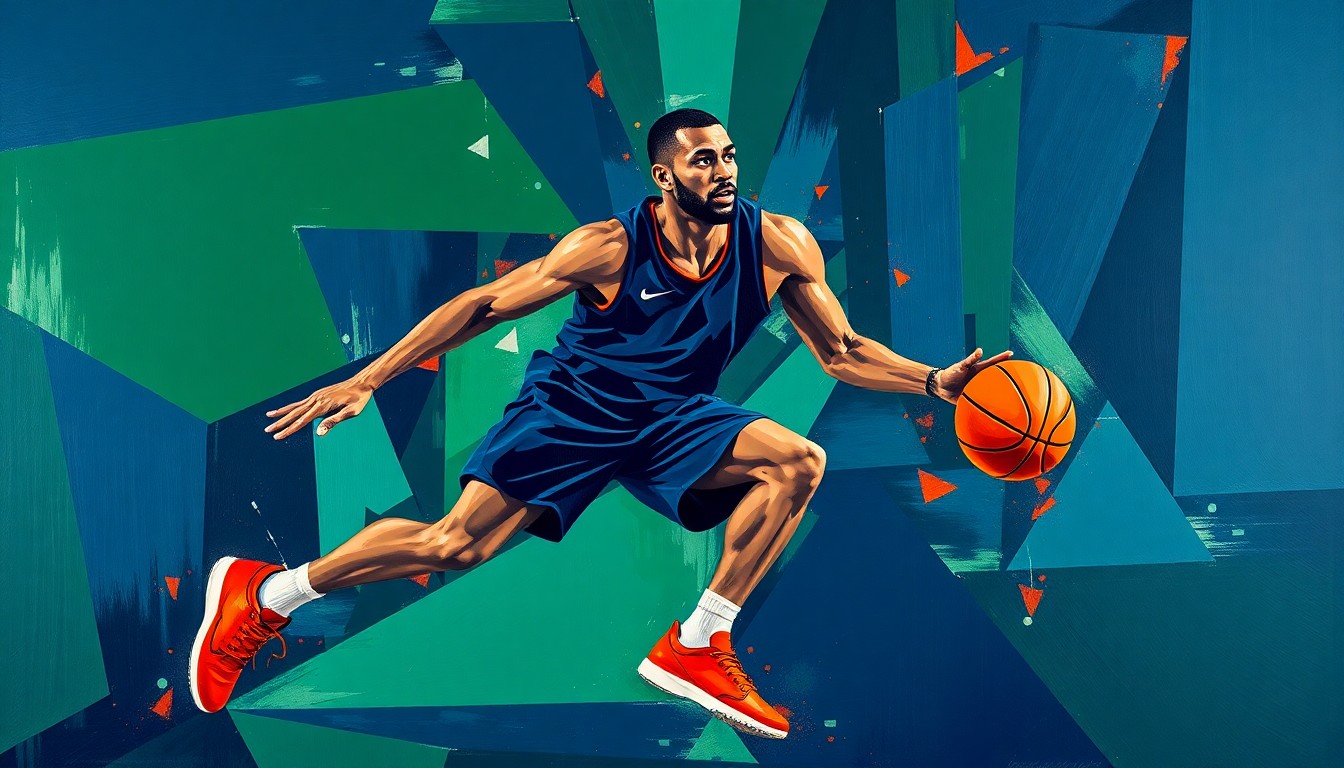 A fragmented, geometric painting depicting the upper body of a basketball player in motion, with sharp planes of navy, green, and orange hues conveying the physicality of the sport.