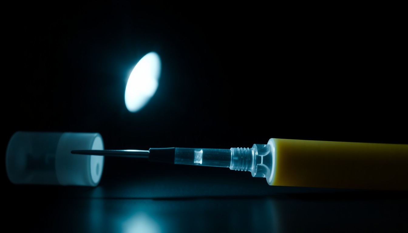 An extreme close-up photograph of a medical instrument or piece of evidence related to the dermatology clinic investigation, lit by a harsh, direct camera flash against a pitch-black background, creating a stark, gritty, investigative aesthetic.