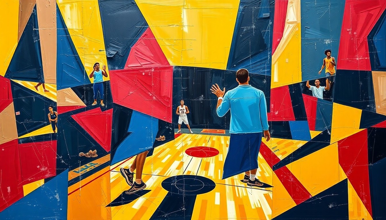 A fragmented, geometric painting in shades of blue, red, and yellow, depicting the dynamic action of a basketball game through Cubist-inspired shapes and planes, capturing the energy and uncertainty surrounding the Cavaliers' postseason outlook.