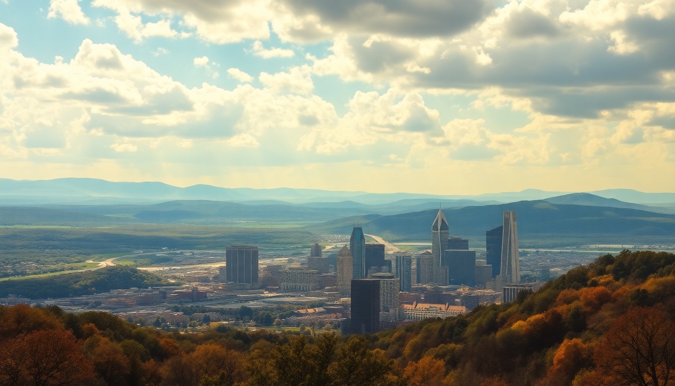 A sweeping, majestic landscape painting depicting the skyline of Pittsburgh on a warm, sunny day, with the cityscape overwhelmed by the dramatic, atmospheric scale of the natural world.