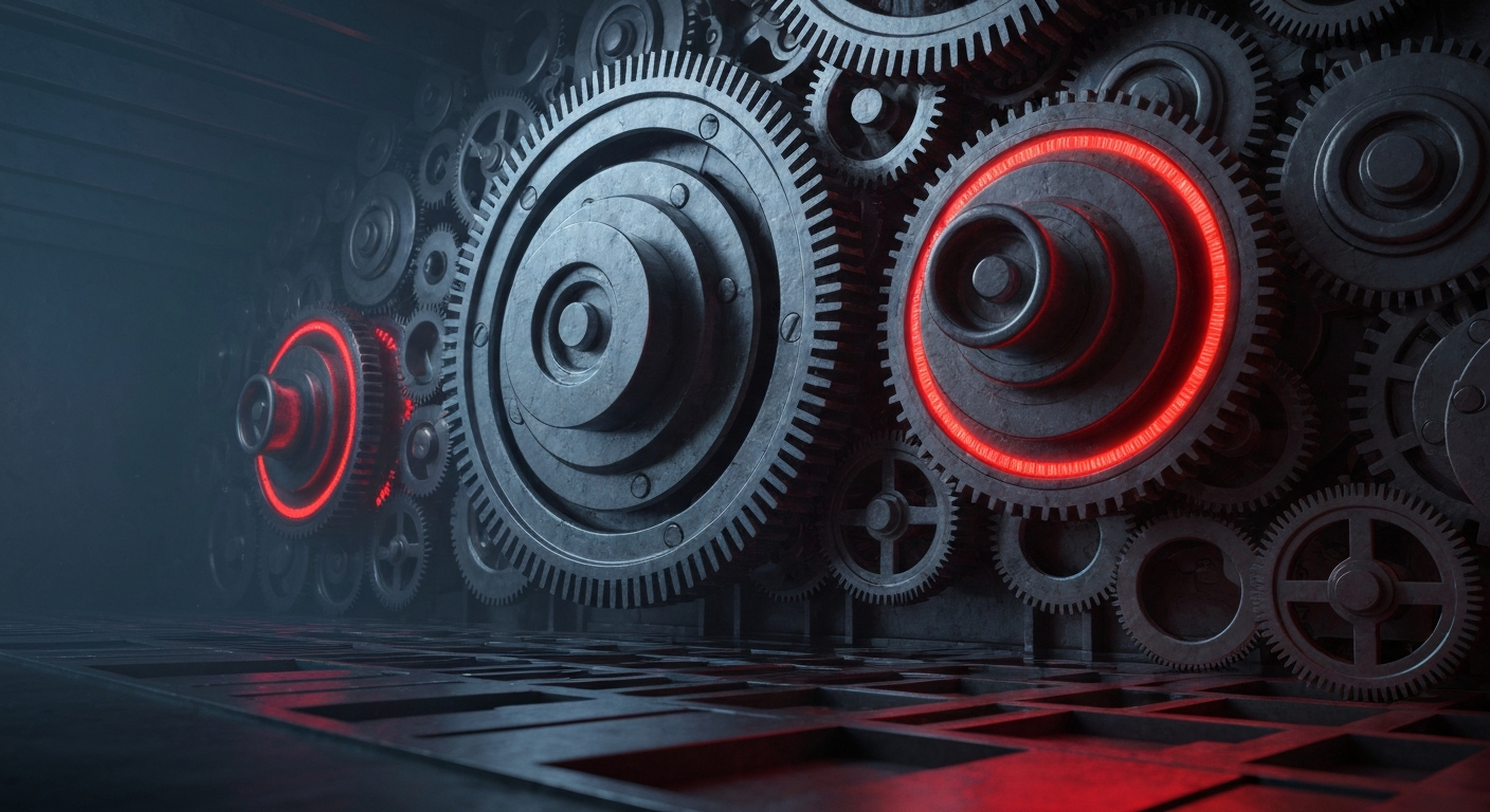 An extreme close-up of the inner workings of a financial trading platform, with gears, circuits, and other industrial components filling the frame, conveying the complex machinery that underpins modern finance.