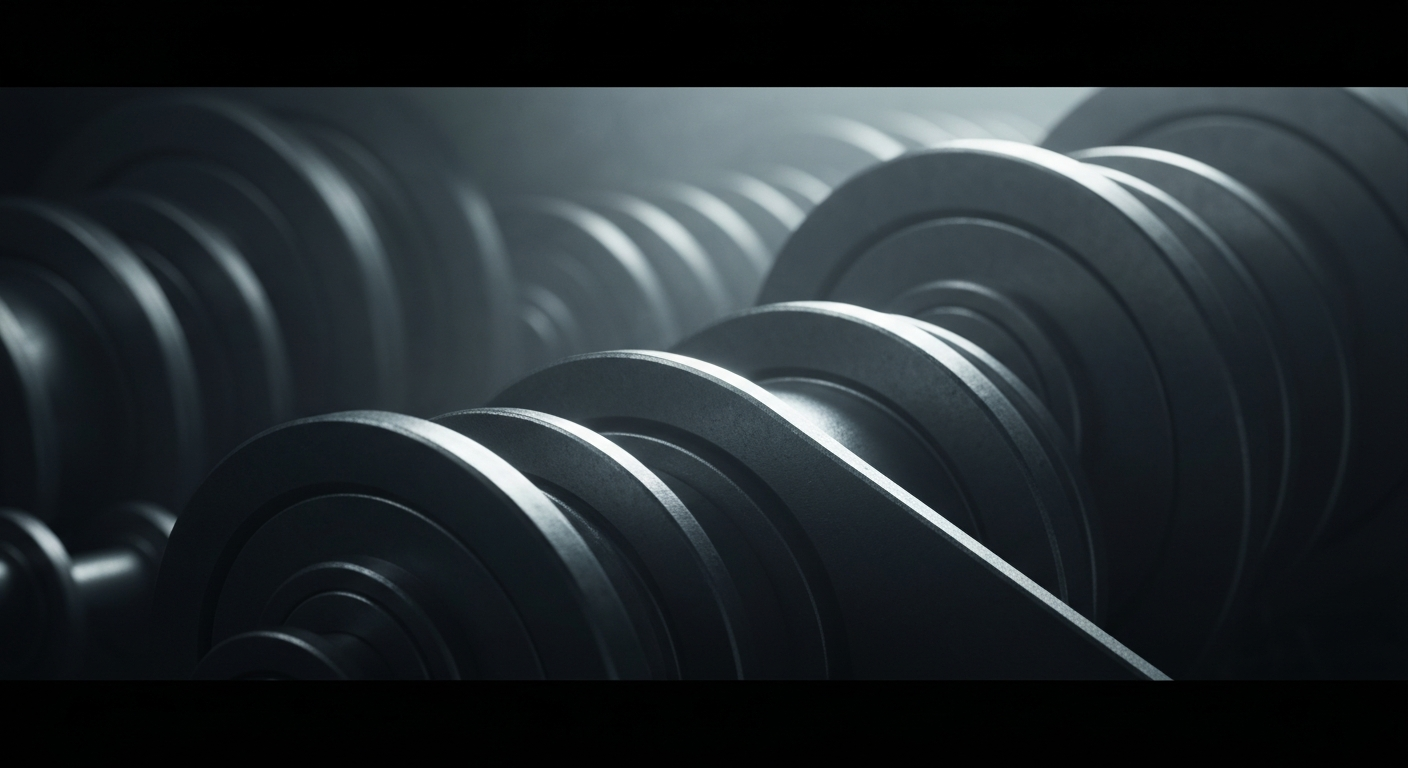 An extreme close-up of complex, interlocking metal components and machinery, conveying the technical sophistication and industrial might of BWX Technologies' nuclear technology.