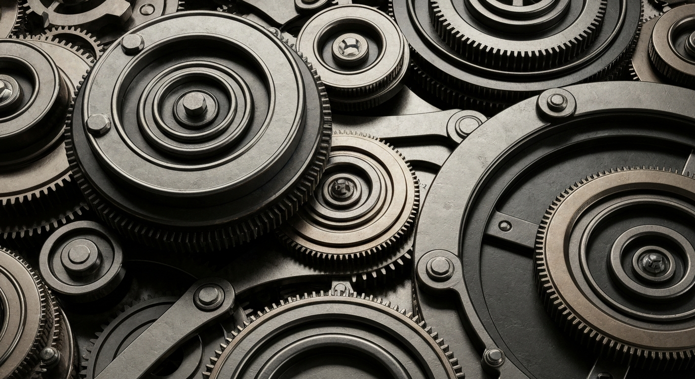 An extreme close-up of a network of interlocking metal gears and machinery, representing the behind-the-scenes financial infrastructure supporting the biotechnology sector.