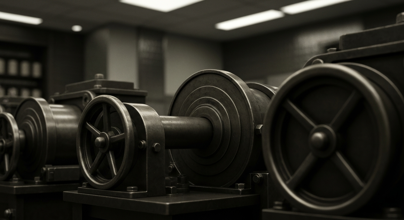 An extreme close-up of heavy, industrial banking machinery and equipment, conceptually representing the secure, tangible nature of financial institutions and stored wealth without using literal currency or charts.