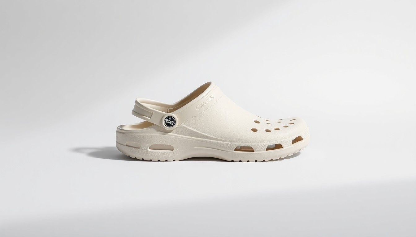 A photorealistic studio still life featuring a pair of Crocs brand shoes in a neutral color palette, arranged elegantly on a clean, monochromatic background with dramatic lighting to symbolize the premium quality and market position of the brand.
