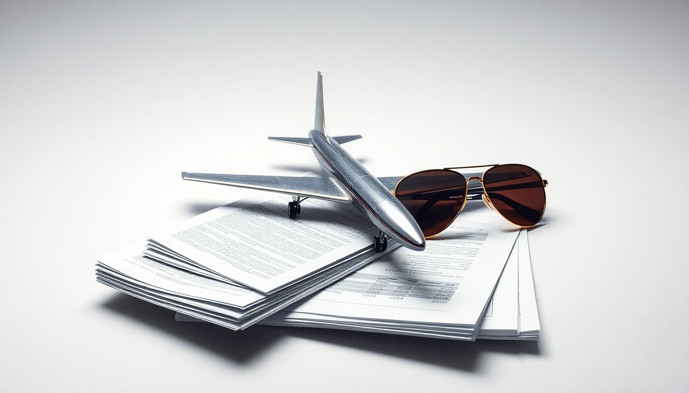 A polished metal airplane model, a stack of financial documents, and a pair of aviator sunglasses arranged elegantly on a clean, monochromatic background, symbolizing the abstract concepts of corporate strategy, finance, and the aviation industry.