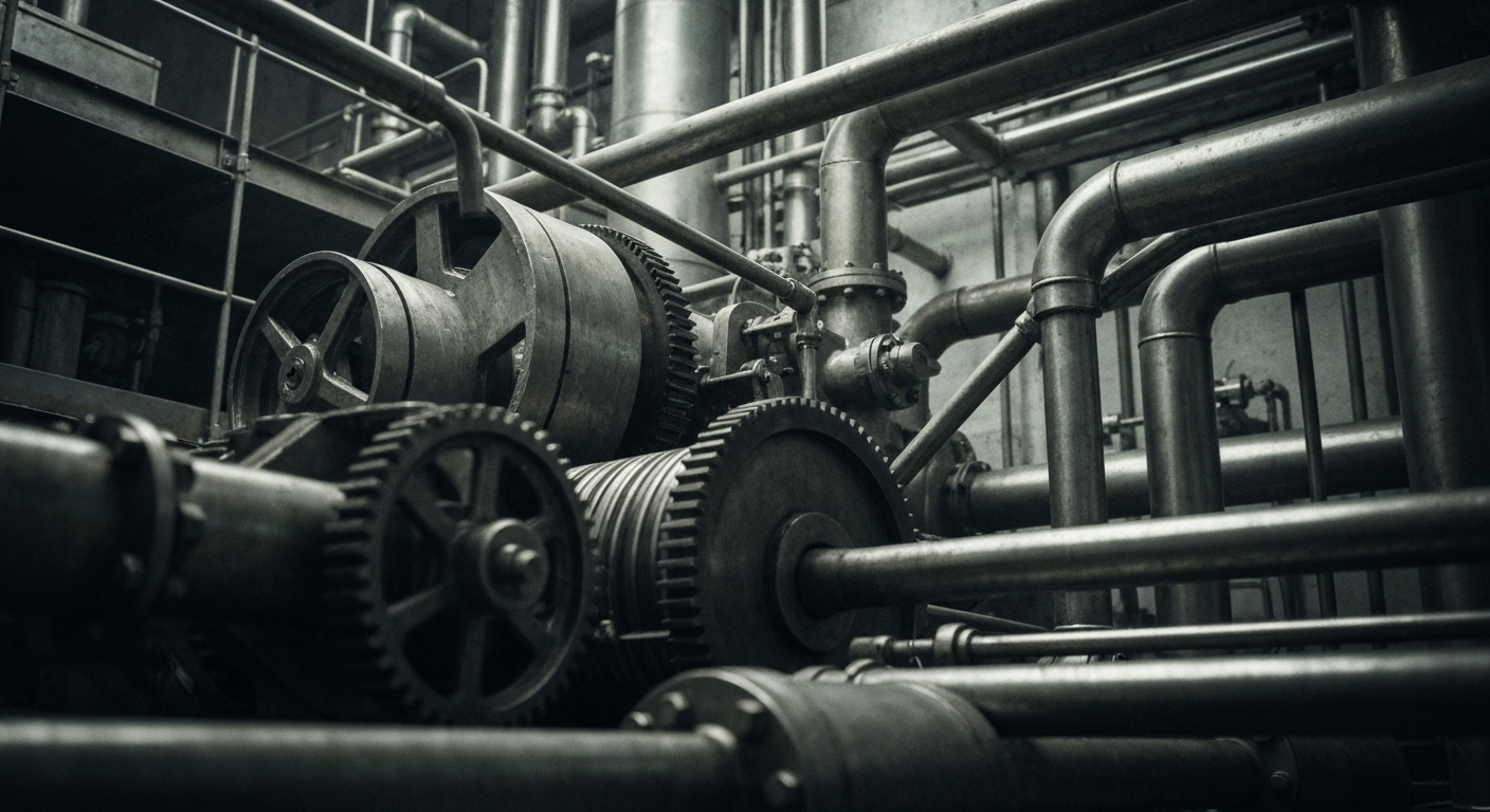 A highly detailed, textured close-up image of the inner machinery and mechanisms of a tobacco factory, conveying the industrial scale and complexity of the tobacco business.