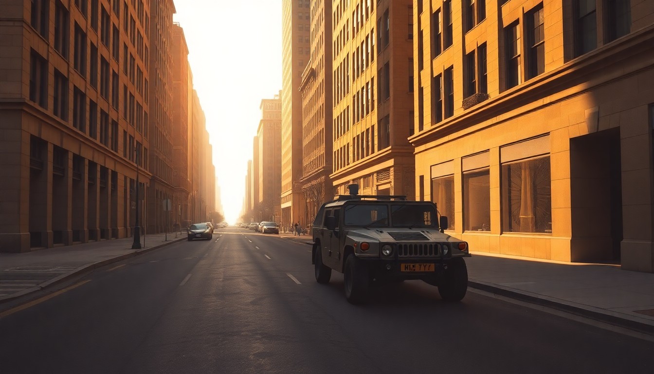 A quiet, cinematic painting of a solitary military Humvee parked on a downtown D.C. street, the vehicle bathed in warm, diagonal sunlight and deep shadows, conceptually illustrating the tension between D.C. and the federal government.