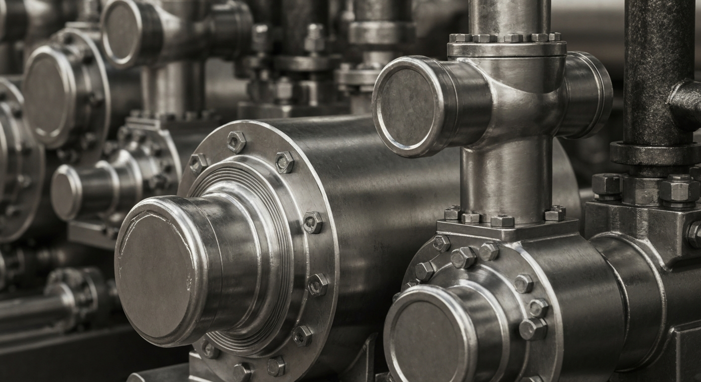 An extreme close-up of gleaming, intricate oil and gas production equipment, conveying a sense of industrial might and financial stability without any text or identifiable elements.